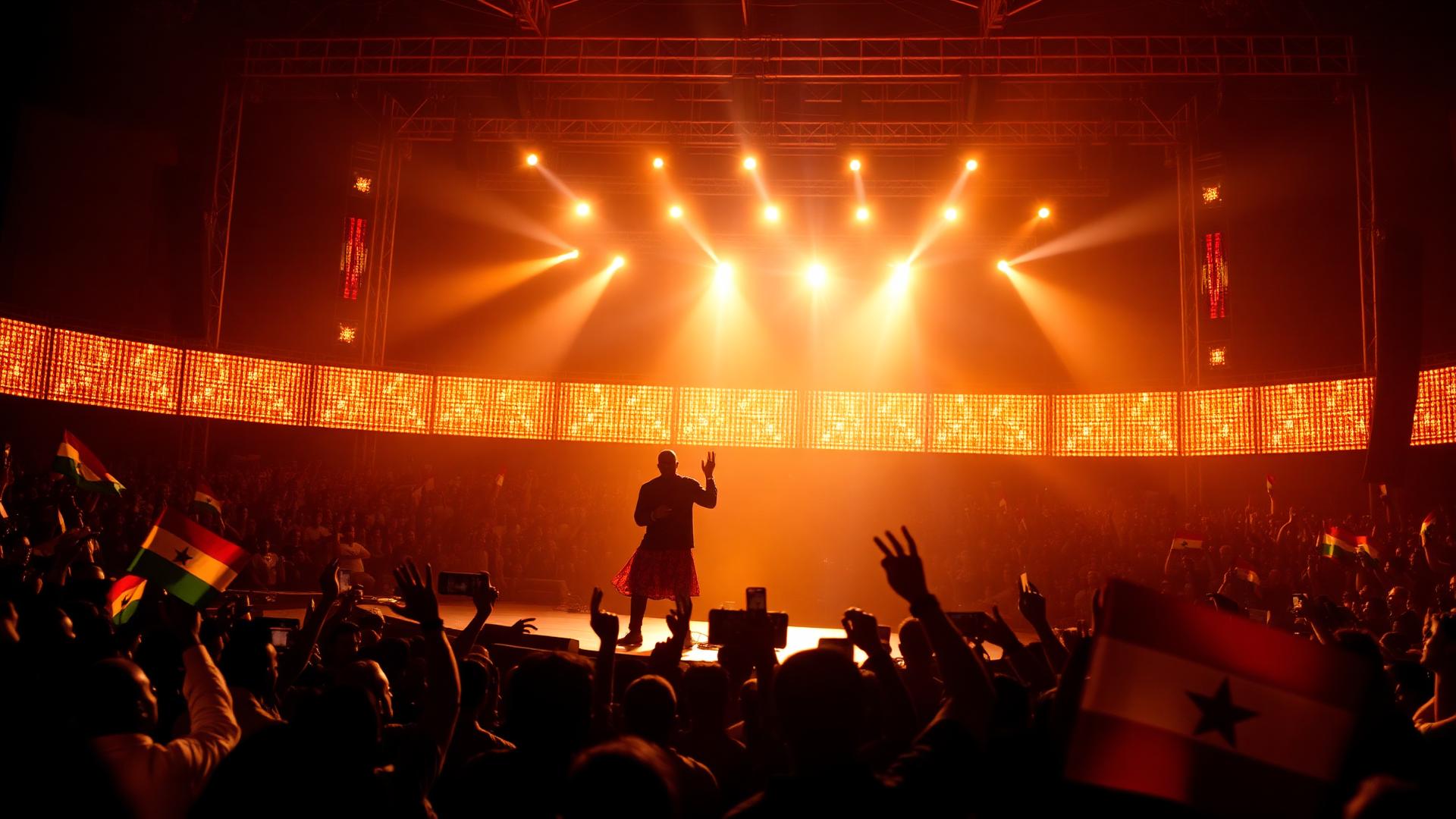 Ghanaian artist performing on stage with fans waving Ghana flags